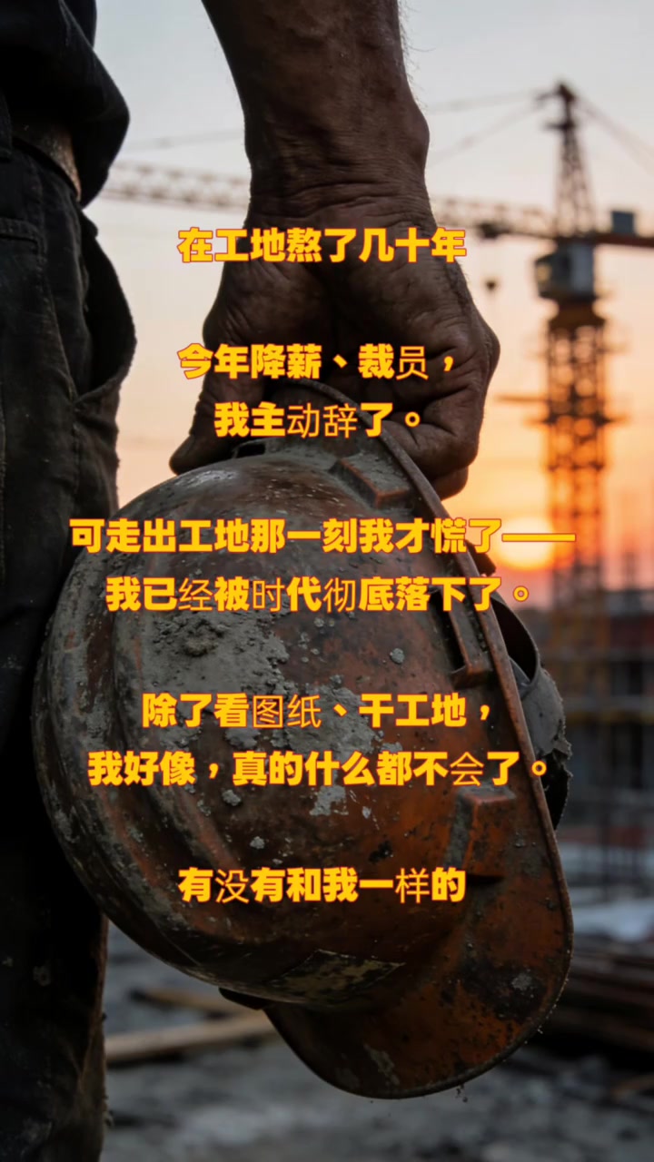 “在工地熬了几十年，今年降薪、裁员，我主动辞职了。可走出工地那一刻我才慌了——我已经被时代彻底落下了。除了看图纸、干工地，我好像，真的什么都不会了。”

3月18日，抖音博主“彦安闯山河”发布了一则视